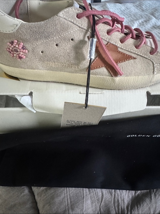 Golden Goose Shoes - Golden Goose Beige Suede Sneaker with Pink Laces and Brown Star
